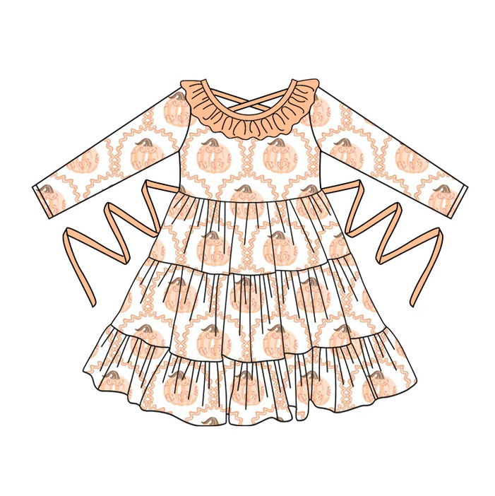 5.10 Preorder moq 5 Baby Girls Long Sleeves Pumpkins Plaid With Belt Ruffle Knee Length Dresses