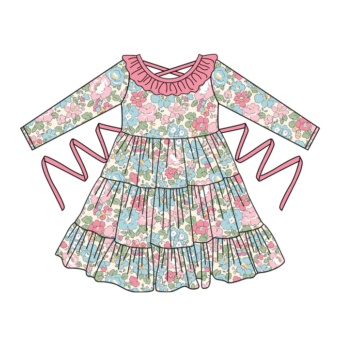 5.10 Preorder moq 5 Baby Girls Long Sleeves Peach Blue Floral With Belt Ruffle Knee Length Dresses