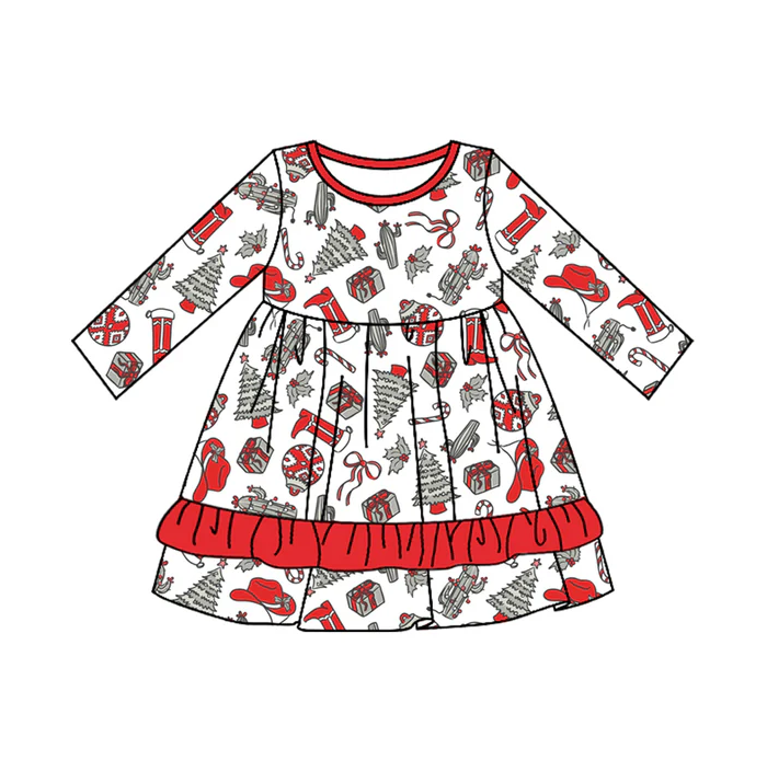 5.10 Preorder moq 5 Baby Girls Long Sleeves Boots Trees Ruffle Knee Length Dresses