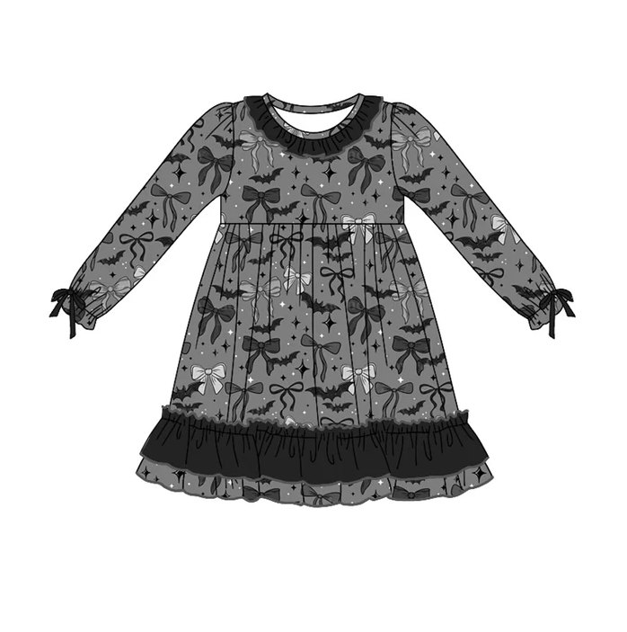 5.10 Preorder moq 5 Baby Girls Black Long Ruffle Sleeves Bows Bats Ruffle Knee Length Dresses