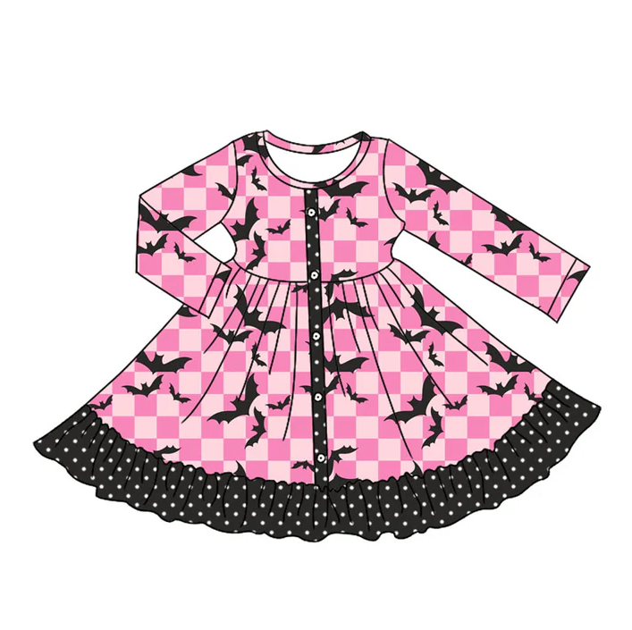 5.10 Preorder moq 5 Baby Girls Pink Plaid Long Sleeves Black Bats Button Ruffle Knee Length Dresses