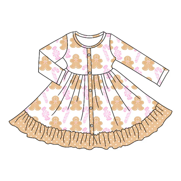 5.10 Preorder moq 5 Baby Girls Long Sleeves Gingerbread Candy Button Ruffle Knee Length Dresses