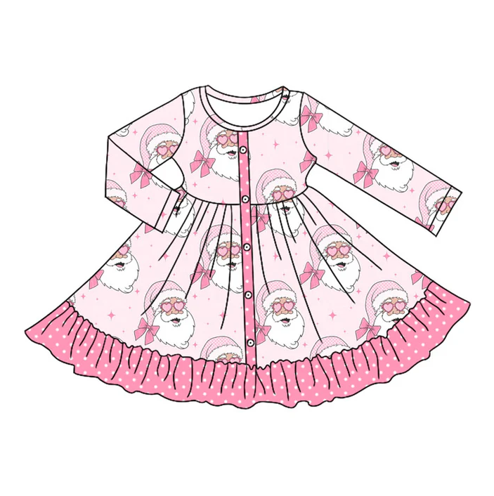 5.10 Preorder moq 5 Baby Girls Pink Long Sleeves Bows Santa Button Ruffle Knee Length Dresses