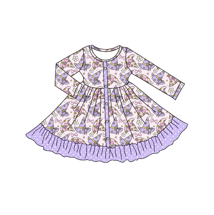 5.10 Preorder moq 5 Baby Girls Long Sleeves Lavender Magic Hats Button Ruffle Knee Length Dresses