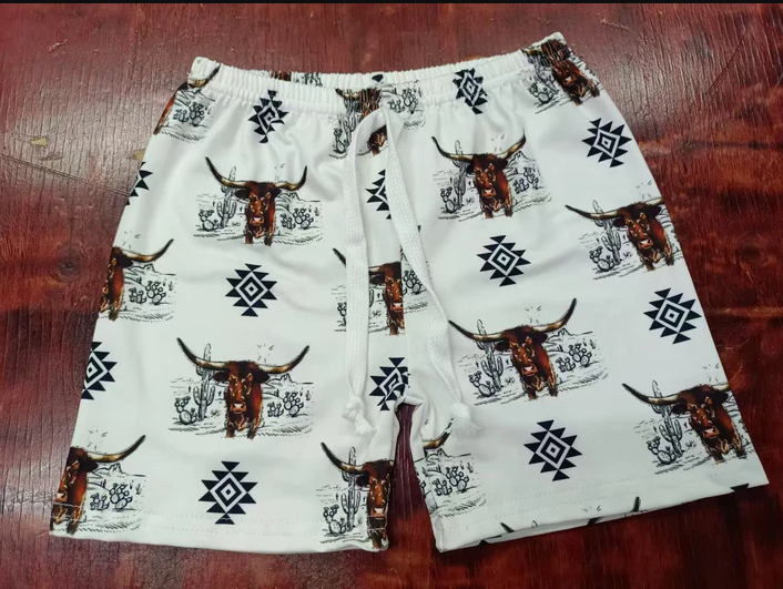 5.12 Preorder moq 5 Baby Boys Aztec Highland Cows Shorts Bottoms With Belt