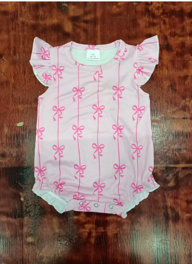 5.12 Preorder moq 5 Baby Girls Pink Flutter Sleeves Bows Stripes Ruffle Rompers