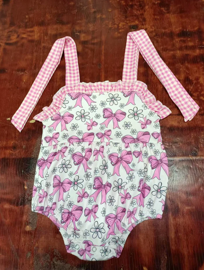 5.12 Preorder moq 5 Baby Girls Pink Plaid Strap Bows Flowers Ruffle Rompers