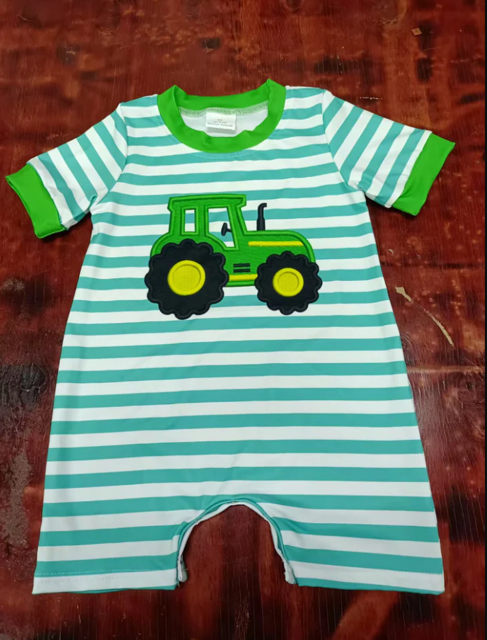 5.12 Preorder moq 5 Baby Boys Green Stripe Short Sleeves Truck Farm Pant Rompers