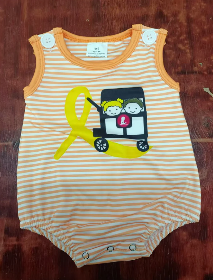 5.12 Preorder moq 5 Baby Boys Orange Stripe Sleeveless School Bus Rompers