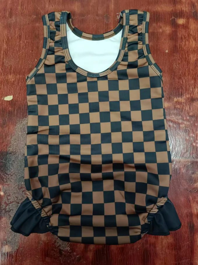 5.12 Preorder moq 5 Baby Girls Black Khaki Plaid Sleeveless Ruffle One Pieces Swimsuits