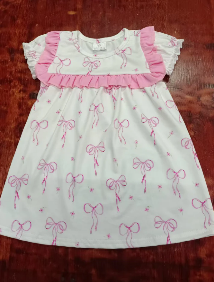 5.13 Preorder moq 5 Baby Girls Pink Short Ruffle Sleeves Flowers Bows Knee Length Dresses
