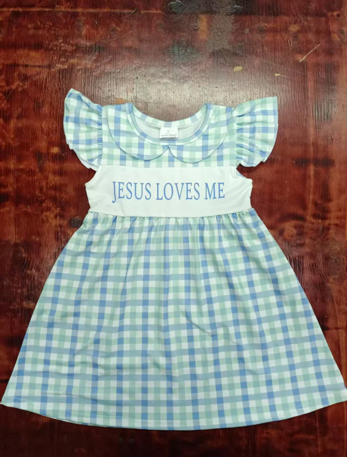 5.13 Preorder moq 5 Baby Girls Blue Plaid Flutter Sleeves Jesus Loves Me Knee Length Dresses