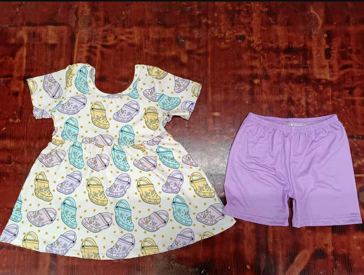 5.13 Preorder moq 5 Baby Girls Short Sleeves Stars Shoes Tunic Lavender Short Set