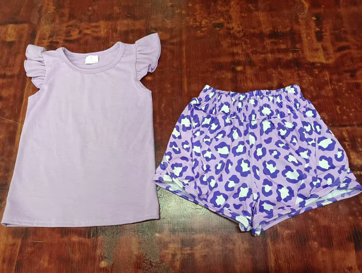 5.13 Preorder moq 5 Baby Girls Lavender Flutter Sleeves Top Leopard Ruffle Short Set