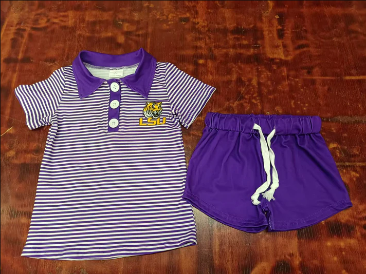5.13 reorder moq 5 Baby Girls Purple Stripe Short Sleeves LSU Tiger Button Top Shorts With Belt Set