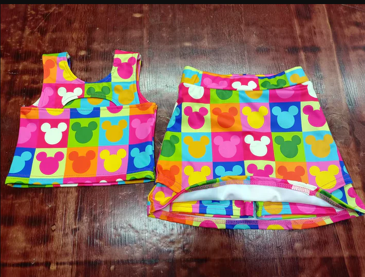 5.13 Preorder moq 5 Baby Girls Sleeveless Colorful Mouses Plaid Vest Top Short Skirts Set