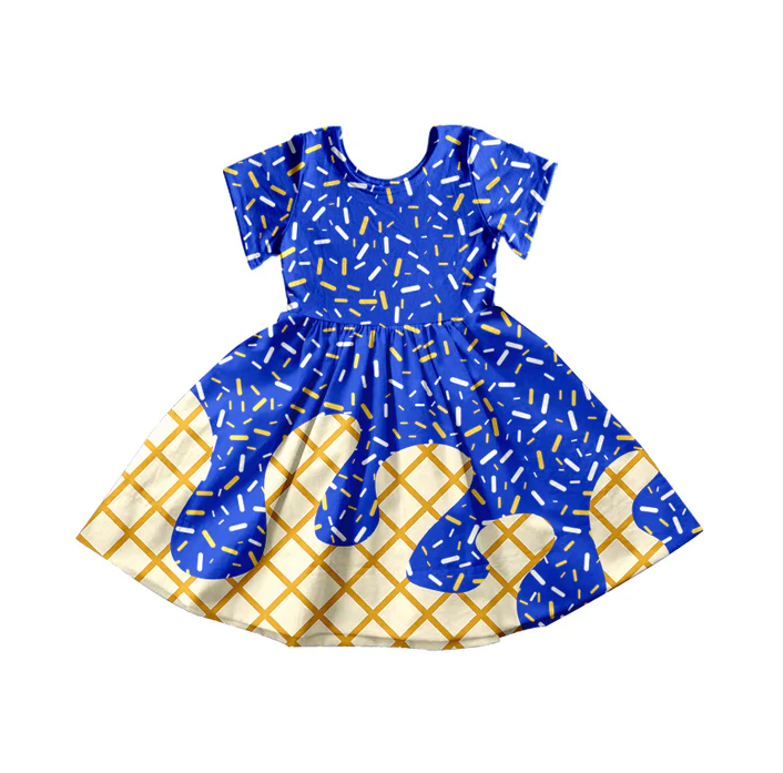 5.14 Preorder moq 5 Baby Girls Blue Ice Cream Drips Sprinkles Knee Length Dresses