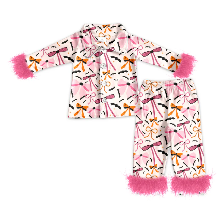 5.14 preorder(MOQ 5)Baby Girls Halloween Pink Bows Fur Top Pants Pajamas