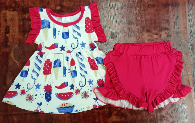5.15 Preorder moq 5 Baby Girls Red Sleeveless Popsicle Firework Tunic Ruffle Short Set