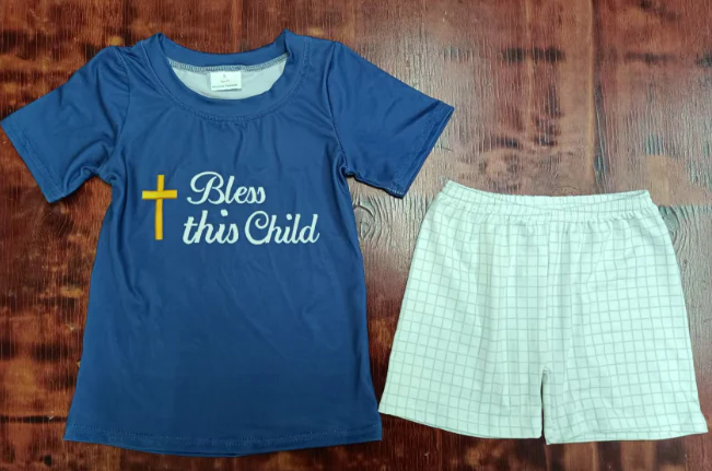 5.15 Preorder moq 5 Baby Boys Navy Short Sleeves Cross Bless This Child Top Aqua Plaid Short Set