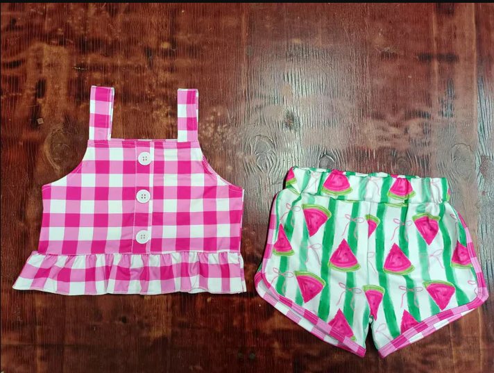5.15 Preorder moq 5 Baby Girls Pink Plaid Strap Button Top Watermelon Stripe Short Sets