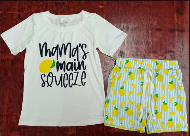 5.15 Preorder moq 5 Baby Boys Short Sleeves Mama's Main Top Pocket Lemons Shorts Set