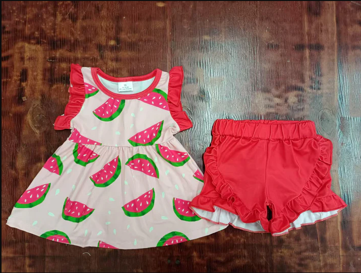 5.15 Preorder moq 5 Baby Girls Red Sleeveless Watermelon Tunic Ruffle Short Set