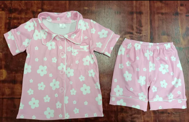 5.15 Preorder moq 5 Baby Girls Pink Short Sleeves Floral Button Pocket Top Short Pajamas Set