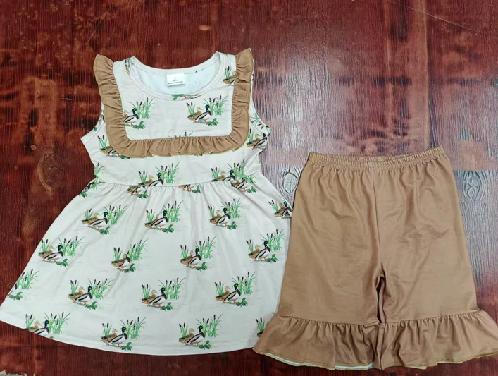 5.15 Preorder moq 5 Baby Girls Sleeveless Khaki Ducks Tunic Ruffle Shorts Set