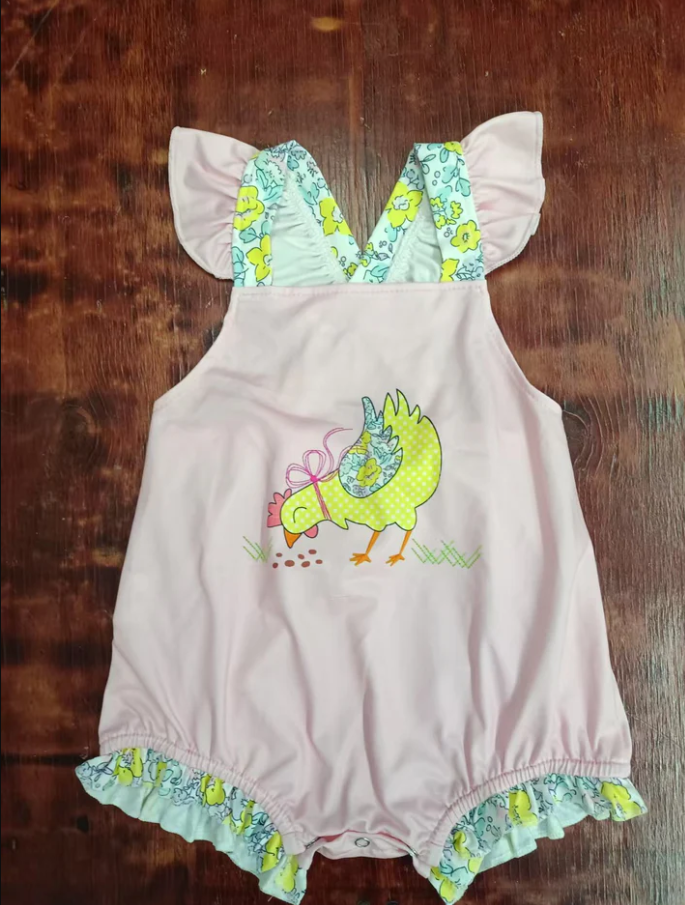 5.16 Preorder moq 5 Baby Girls Peach Flutter Sleeves Chick Farm Ruffle Rompers