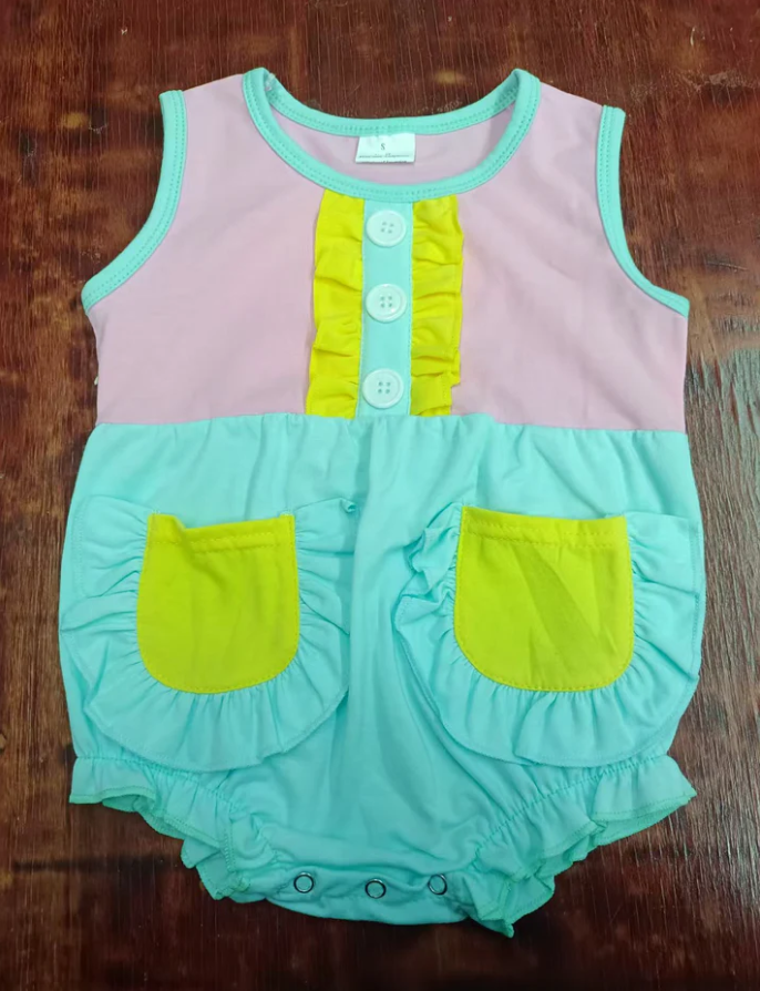 5.16 Preorder moq 5 Baby Girls Aqua Sleeveless Button Pockets Patchwork Ruffle Rompers