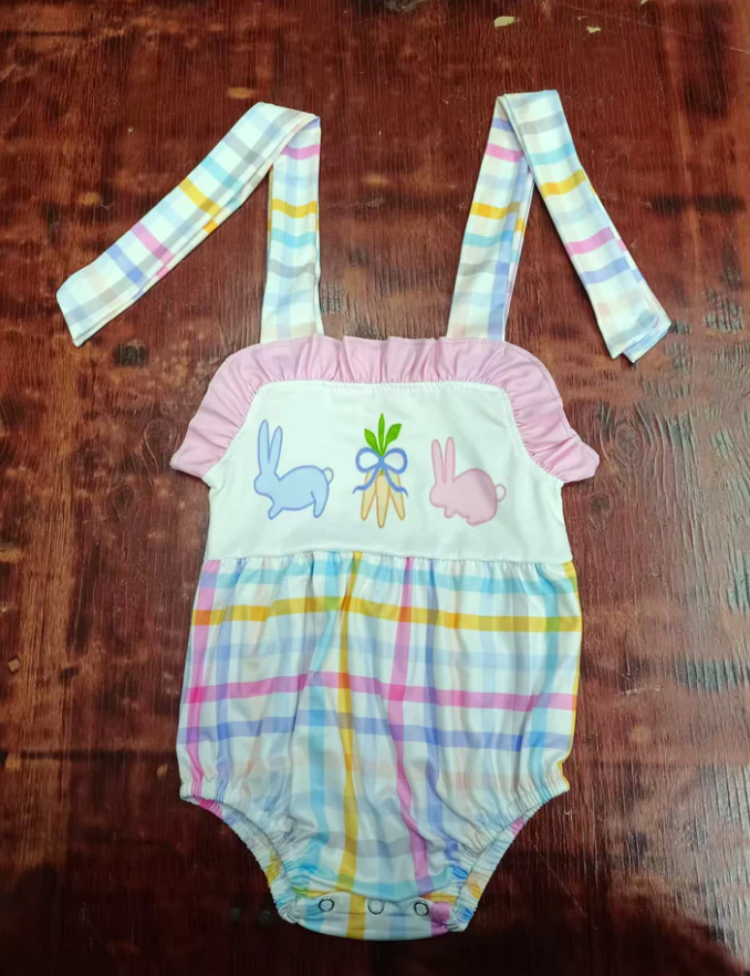 5.16 Preorder moq 5 Baby Girls Strap Bunny Carrots Colorful Plaid Easter Ruffle Rompers