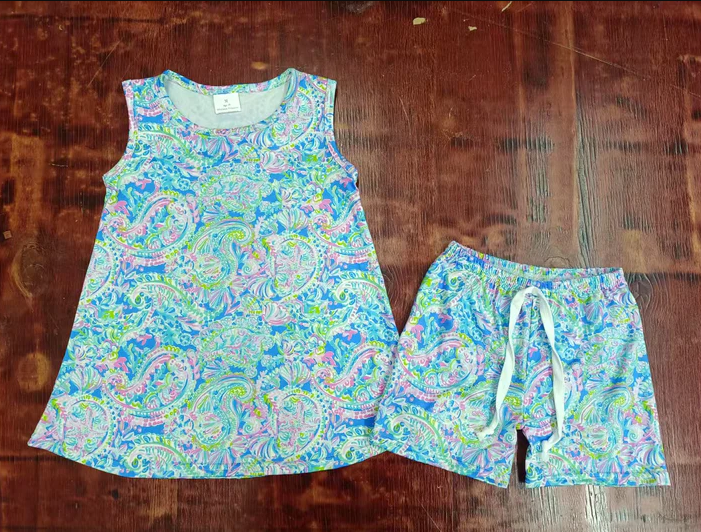 5.16 Preorder moq 5 Baby Girls Sleeveless Green Watercolor Floral Tunic Shorts Set