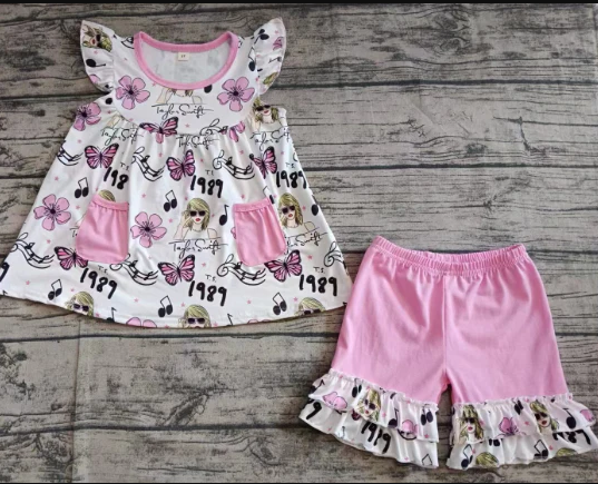 5.16 Preorder moq 5 Baby Girls Flutter Sleeves Butterfly Singers Pockets Tunic Ruffle Shorts Set