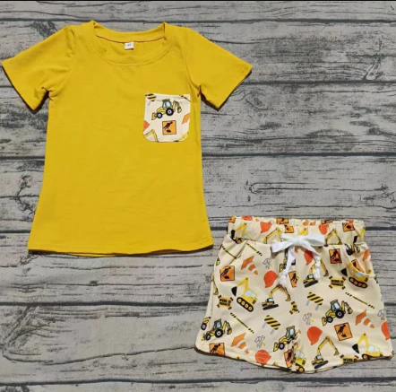 5.16 Preorder moq 5 Baby Boys Yellow Short Sleeves Pocket Top Excavators Short Sets