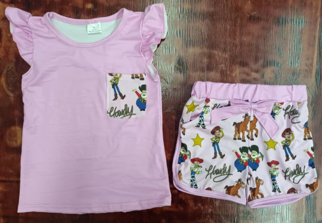 5.16 Preorder moq 5 Baby Girls Pink Flutter Sleeves Pocket Top Cartoon Men Short Set