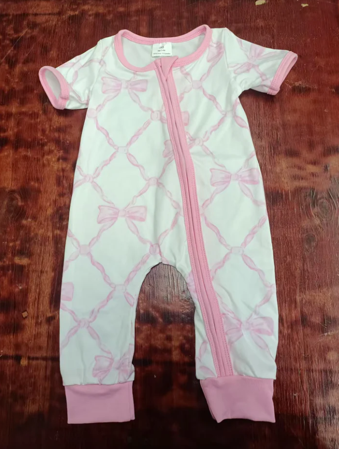 5.16 Preorder moq 5 Baby Girls Short Sleeves Pink Bows Plaid Zipper Pant Rompers