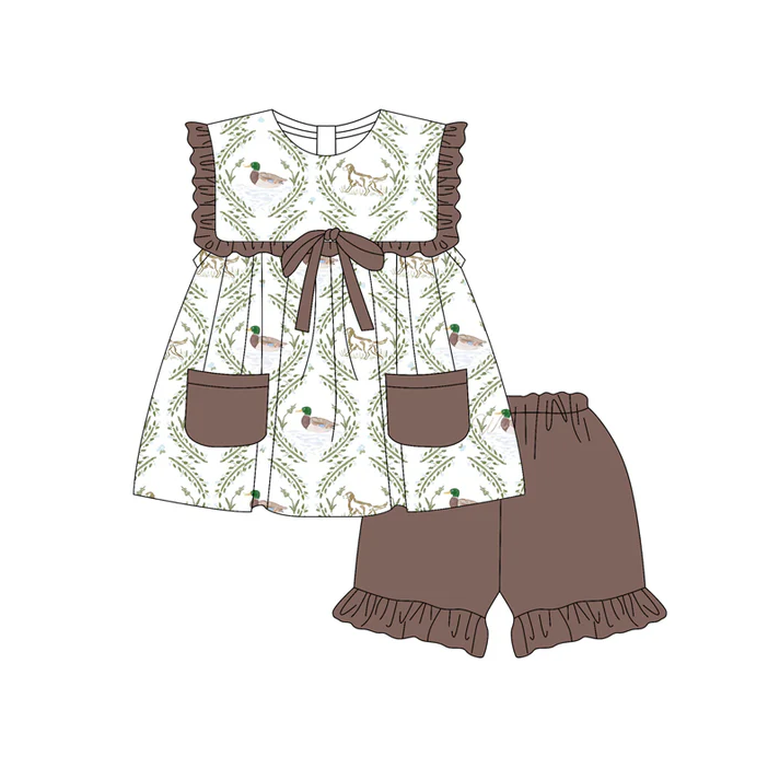 5.17 Preorder (moq 5)Baby Girls Dark Brown Sleeveless Ducks Dogs Pockets Tunic Ruffle Shorts Set