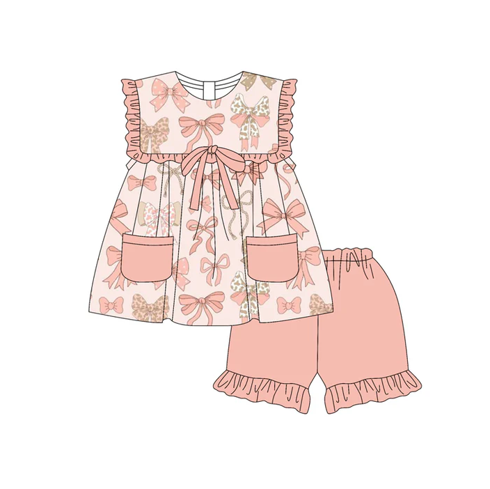 5.17 Preorder (moq 5)Baby Girls Peach Sleeveless Bows Pockets Tunic Ruffle Shorts Set