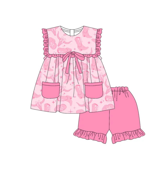 5.17 Preorder (moq 5)Baby Girls Pink Sleeveless Chicks Boots Bull Skulls Pockets Tunic Ruffle Shorts Set