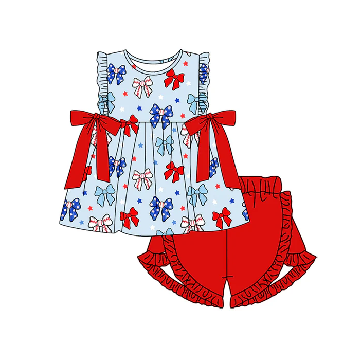 5.17 Preorder (moq 5)Baby Girls Sleeveless Blue Red Bows Stars Tunic Ruffle Shorts 4th Of July Set