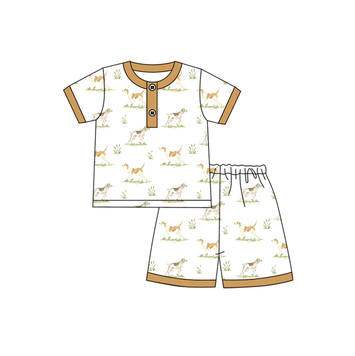 5.17 Preorder (moq 5)Baby Boys Khaki Short Sleeves Button Top Dogs Shorts Pajamas Set