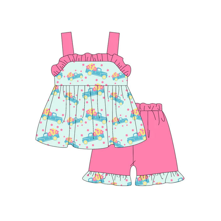 5.17 Preorder (moq 5)Baby Girls Pink Strap Flowers Trucks Tunic Ruffle Shorts Set
