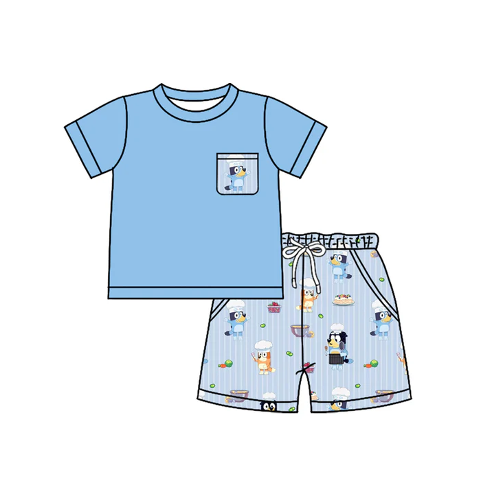 5.17 Preorder (moq 5)Baby Boys Blue Short Sleeves Pocket Top Cartoon Dogs Stripe Short Set