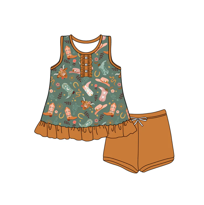 5.17 Preorder (moq 5)Baby Girls Brown Sleeveless Button Highland Cows Boots Tunic Short Set