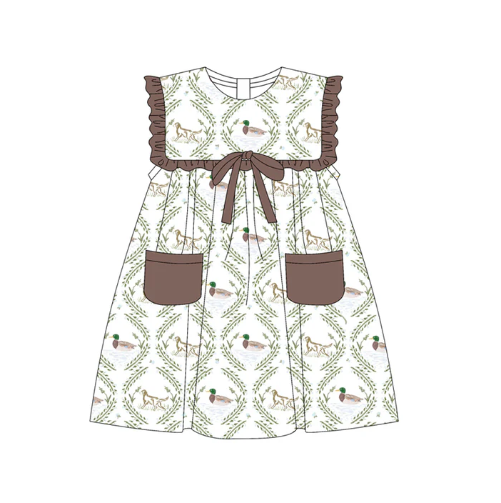 5.19 Preorder (moq 5)Baby Girls Dark Brown Sleeveless Ducks Dogs Plaid Pockets Knee Length Dresses