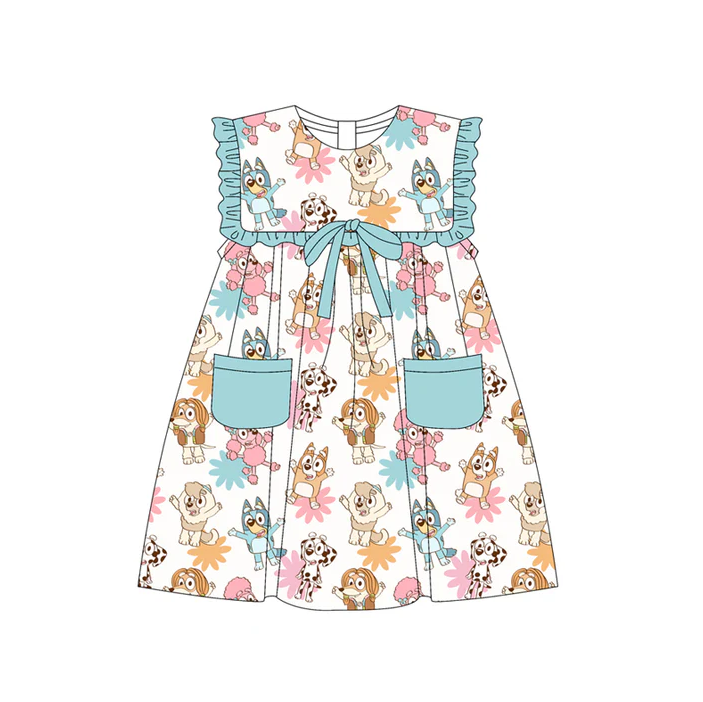 5.19 Preorder (moq 5)Baby Girls Aqua Sleeveless Cartoon Dogs Flowers Pockets Knee Length Dresses