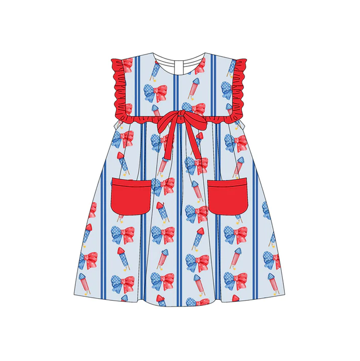 5.19 Preorder (moq 5)Baby Girls Sleeveless Blue Red Fireworks Bows Pockets 4th Of July Knee Length Dresses