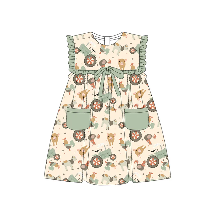 5.19 Preorder (moq 5)Baby Girls Green Sleeveless Chicks Pigs Pockets Farm Knee Length Dresses