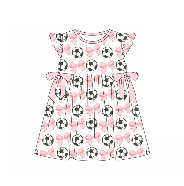 5.19 Preorder (moq 5)Baby Girls Pink Flutter Sleeves Bows Footballs Knee Length Dresses